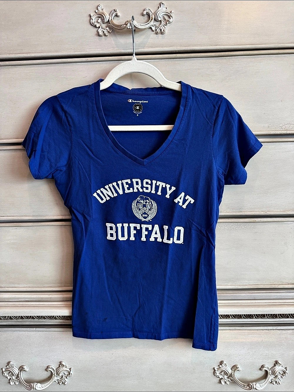 Champion University at Buffalo V-Neck Tee Blue & White Small